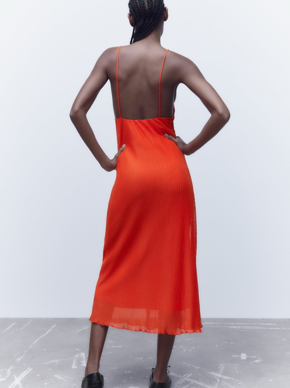 ZARA Orange Pleated Ribbed Chiffon Midi Dress Size S NWT - Picture 5 of 8